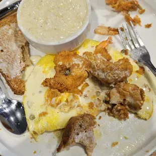 Open face shrimp omelet with grits