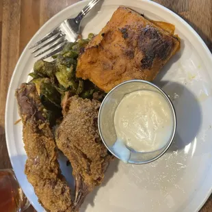 Succulent fried lamb chops, sweet potatoes, &amp; brussel sprouts