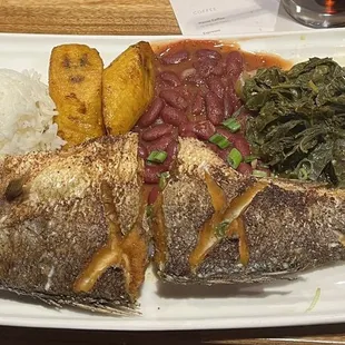 Perfectly prepared branzino, rice, red beans, &amp; greens