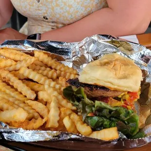 Veggie burger with fries