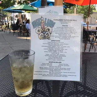 Here I'm in the PATIO!  Happy hour $3 well bourbon &amp; ginger tall glass!