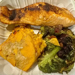 Blackened salmon, sweet potato cake and crispy brussels spouts with bacon