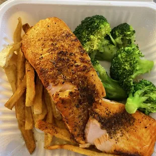 blackened salmon w/fries and Steamed Broccoli