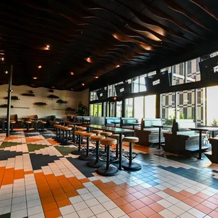 a colorful tiled floor in a restaurant