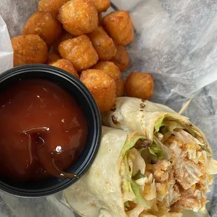 Buffalo chicken wrap, sweet potato tots