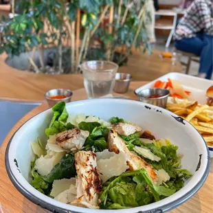 Vegan (Or Not) Ceasar with parm cheese and I added chicken; delicious salad!