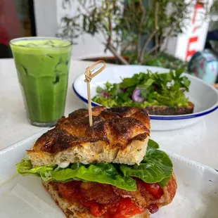 BTLA Sandwich with an iced honey lavender matcha latte; great hearty sandwich and loved the iced latte!