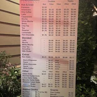 Drinks menu