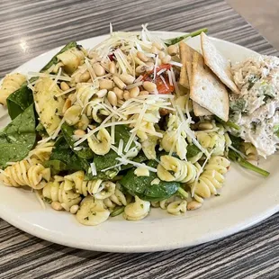 Basil pesto pasta salad with a scoop of tuna salad