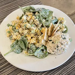 "Not Your Momma's Macaroni Salad" with a scoop of tuna salad