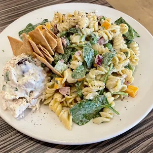 "Not Your Mama's Macaroni Salad" with an added scoop of chicken salad