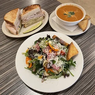 Tangy turkey sandwich, tomato basil soup, and the Italian chopped salad