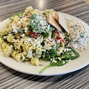 Basil pesto salad with a scoop of tuna salad