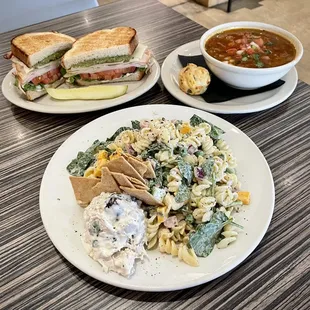 Front: "Not Your Mama's Macaroni Salad". Back (L-R): Bubba club, borracho bean soup