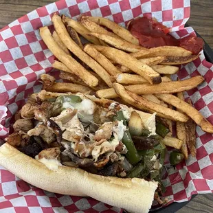 a hot dog and french fries