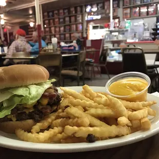 Double bacon cheeseburger with cheese fries
