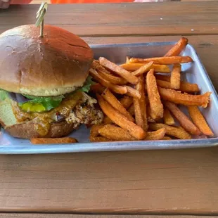 Spicy with chicken sandwich with sweet potato fries