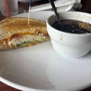 Turkey, bacon, avocado melt with onion soup.