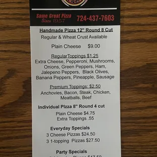 a menu for the restaurant