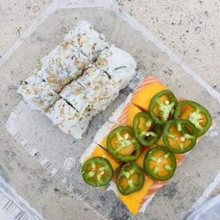 Avocado cucumber and paradise roll ( mango and salmon yum )