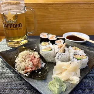 Salmon roll, fried chicken roll, and spicy shrimp hand roll