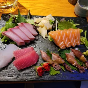 salmon, hamachi, halibut, tuna, baby squid