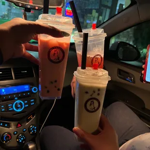 Strawberry milk tea, Raspberry tea, and avocado smoothie