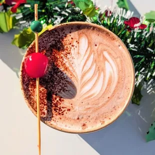 Black Forest Latte, winter seasonal drink.  Mocha cherry syrup, topped with cocoa and maraschino cherry