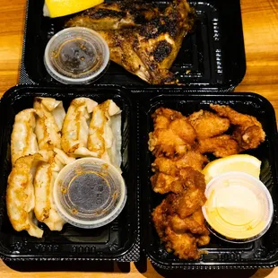 hamachi kama, gyoza, chicken karaage