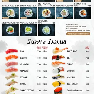 menu, sushi and sashimi
