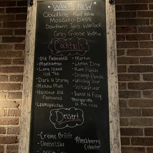 Wine and dessert menu
