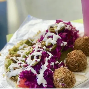 a plate of food and a drink