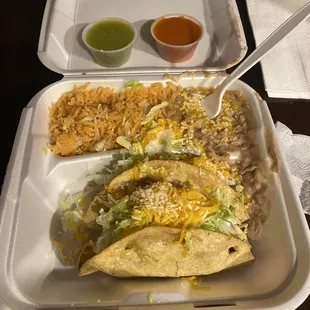 Beef tacos w/ rice &amp; beans.
