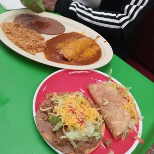 Enchilada taco tostada and rice and beans