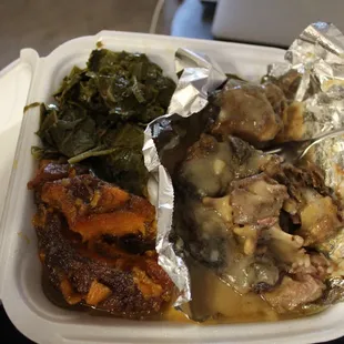 Ox tails with candied sweet potatoes and greens-yum!