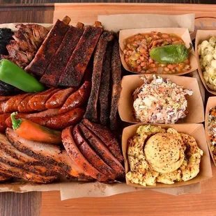 a variety of meats and sides