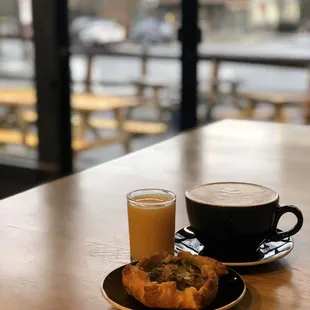 Espresso, coffee, pastry, juice, good lighting