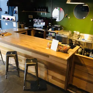 a bar with stools