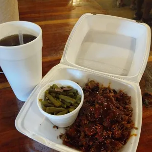 Chopped Brisket, green beans, and Ice Tea