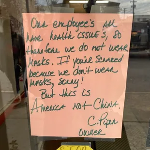 a sign in the window