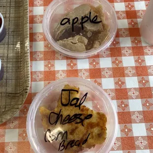 Texas shaped jalapeño cheddar corn bread and apple cobbler.