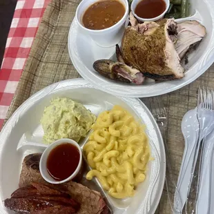 Brisket sausage chicken turkey  Potato salad, mac &amp; cheese, green beans, pinto beans