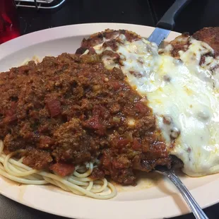 Chicken Parmesan dinner. Amazing value. Great hand breaded chicken breast and tasty meat sauce.