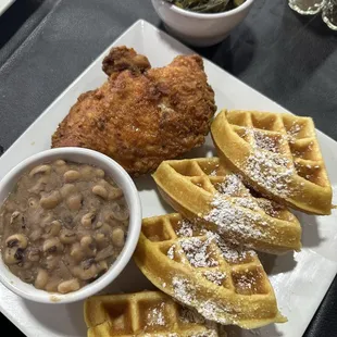 Chicken and waffles (chicken breast) blackeyed peas and collard greens.