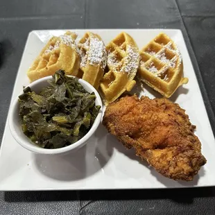 Chicken &amp; waffles with collard greens.
