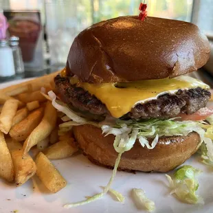 a cheeseburger and fries