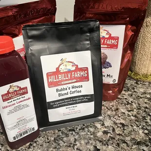 Some of the mixes, coffee beans and a hibiscus tea to go.