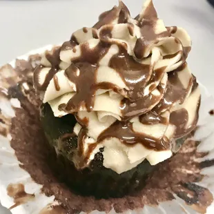 Gluten free chocolate cup cake with peanut butter chocolate frosting - excellent!