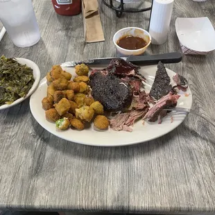 Pork BBQ outside cut, fried okra and collard greens.
