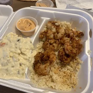 Grilled shrimp, rice, potato salad